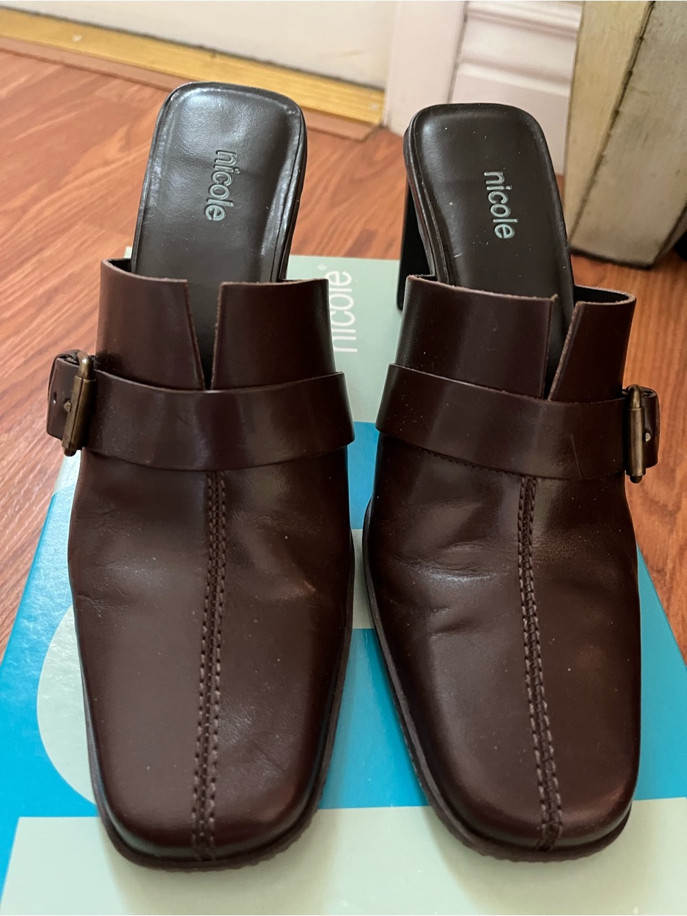 Nicole Dark Brown Leather Slip-On Mule with Buckle Detail